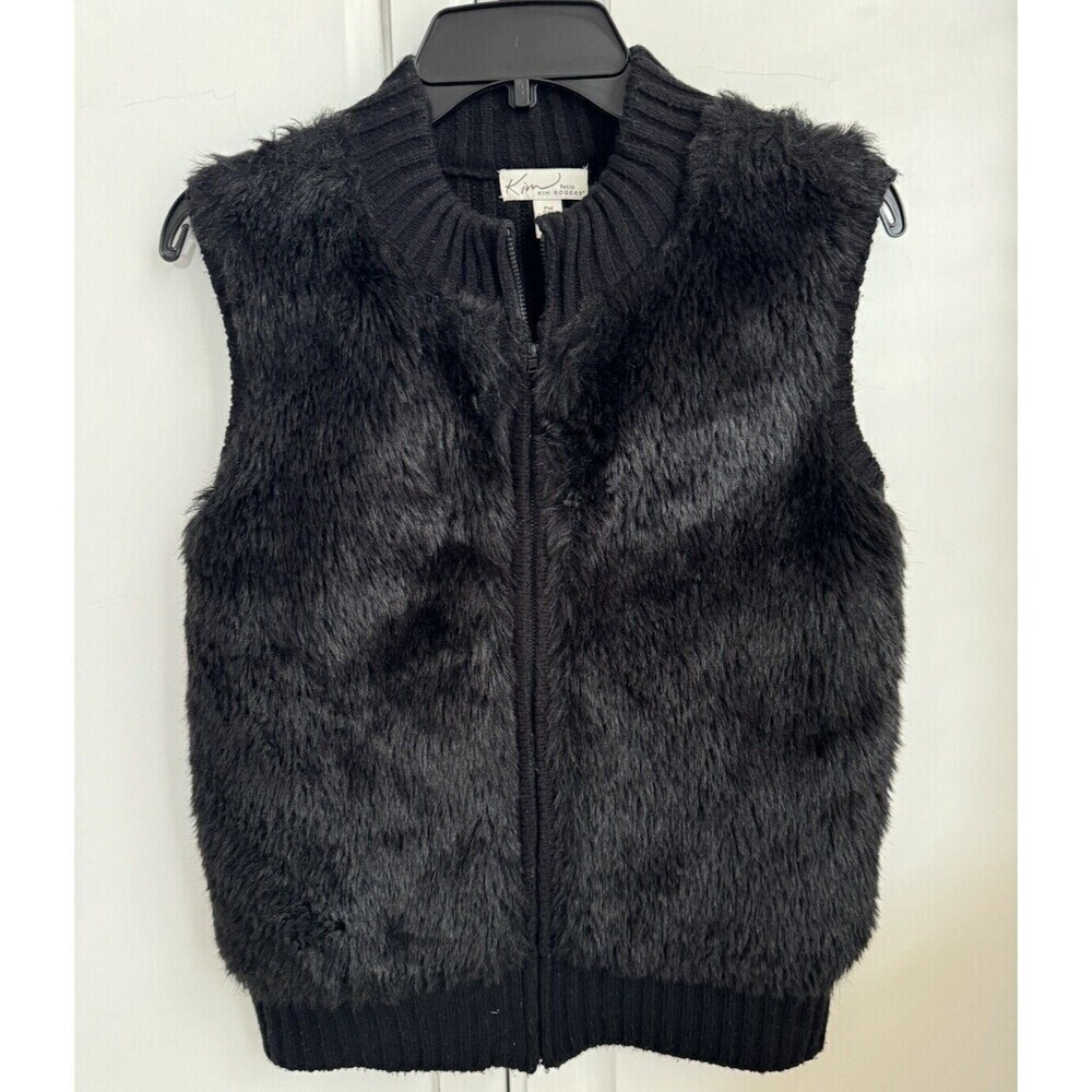 Kim Rogers Faux Fur Black Vest jacket Ribbed Knit Back Stretch Women's PM warm